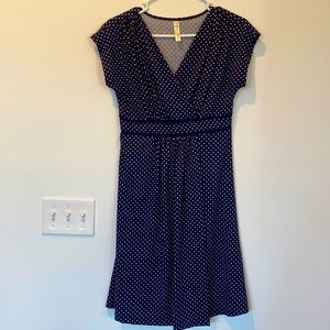 PerSeption Concept | Navy & White Polka Dot Faux-Wrap Midi Dress | Size S